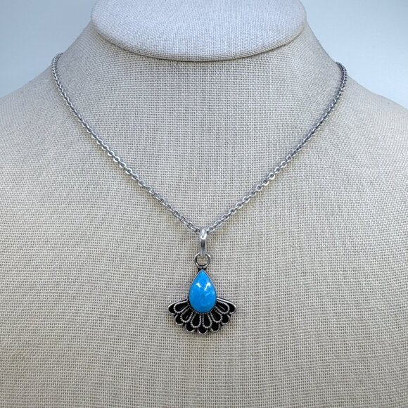 VTG Sterling Silver 925 Teardrop Turquoise Bezel Set Pendant Necklace 22" Length - Picture 2 of 13